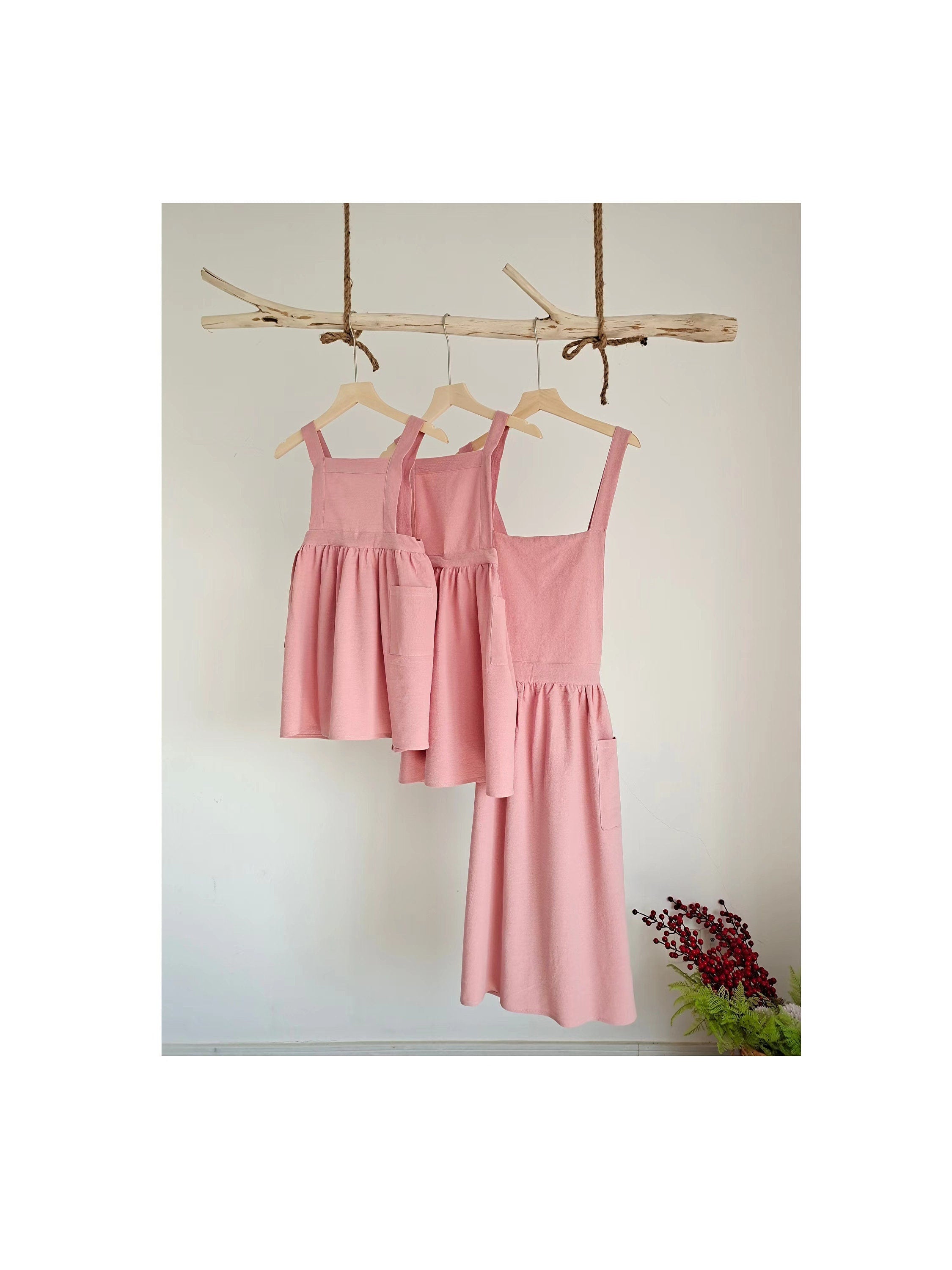 Custom logo Matching Family Apron Cotton Linen Handmade Apron, Adult size Apron, Kids size Apron, Housewarming gift, Mother's day Pink