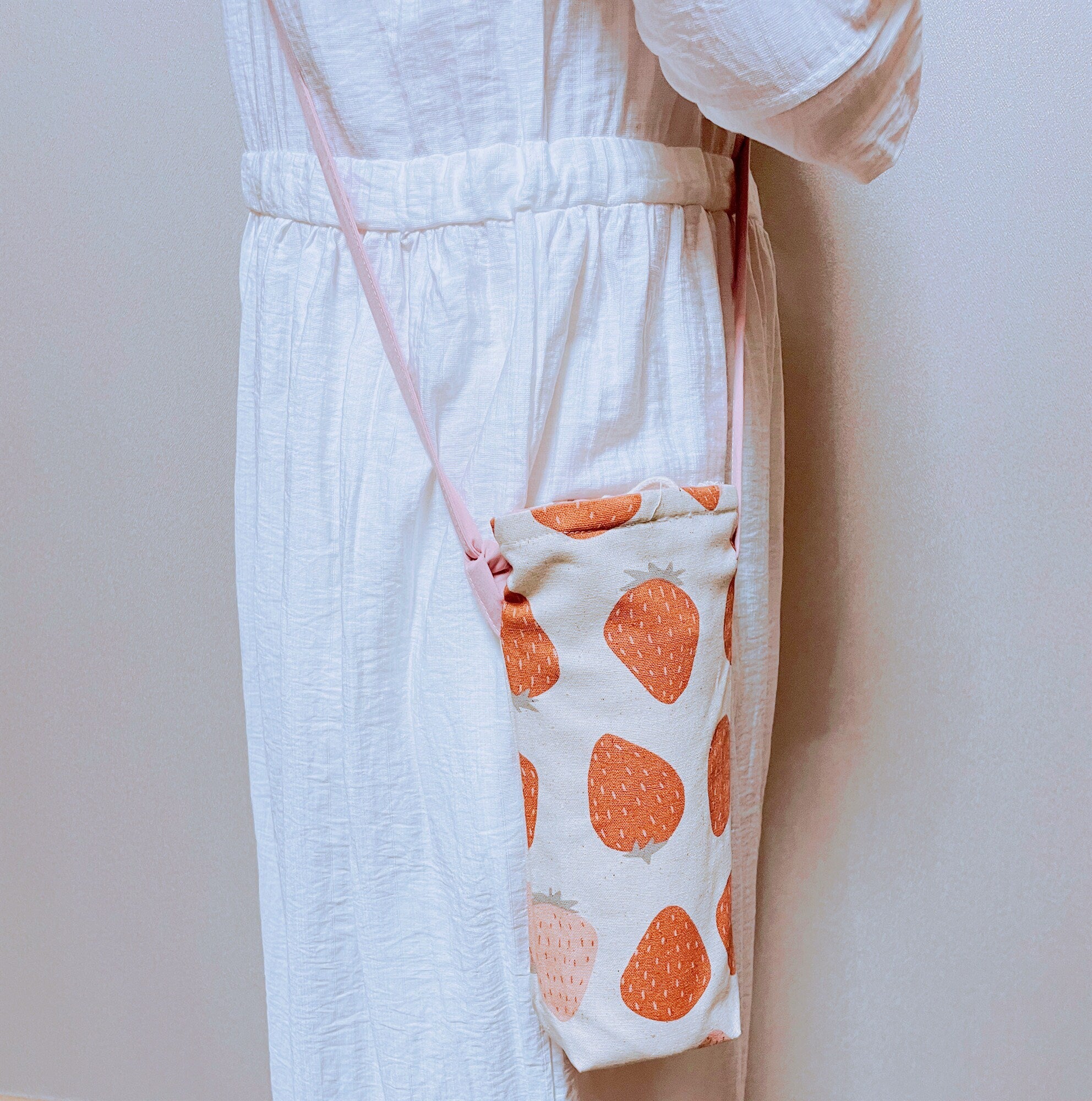 Water Bottle Holder Water Bottle Carrier Hand made bottle carrier School water bottle sling girlie bottle cozy sports cup holder Strawberry