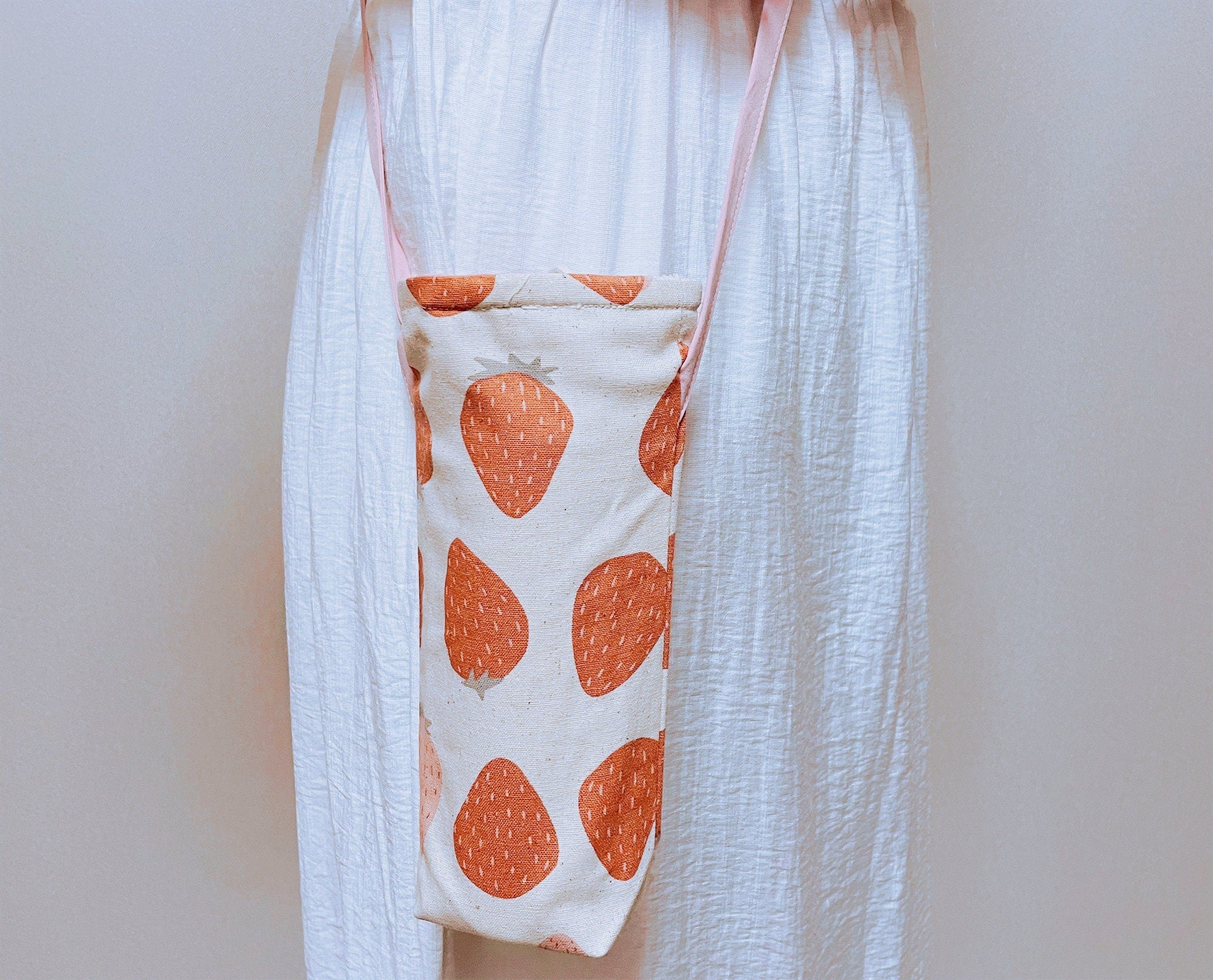 Water Bottle Holder Water Bottle Carrier Hand made bottle carrier School water bottle sling girlie bottle cozy sports cup holder Strawberry