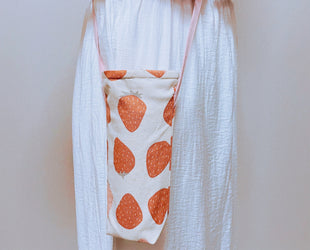 Water Bottle Holder Water Bottle Carrier Hand made bottle carrier School water bottle sling girlie bottle cozy sports cup holder Strawberry