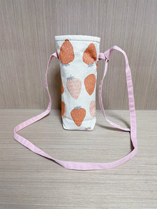 Water Bottle Holder Water Bottle Carrier Hand made bottle carrier School water bottle sling girlie bottle cozy sports cup holder Strawberry