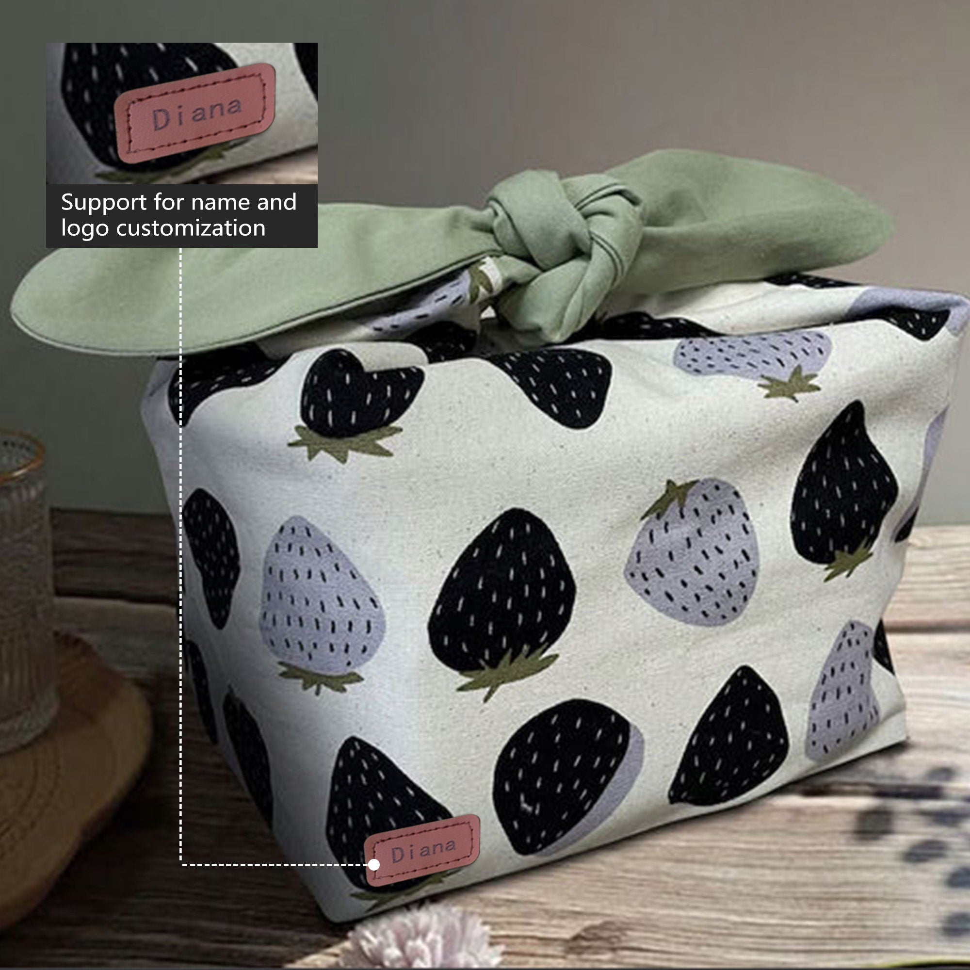 Custom Name Black strawberry insulated lunch bag bento bag, zero waste , Eco Friendly lunch box cloth School Gift for women
