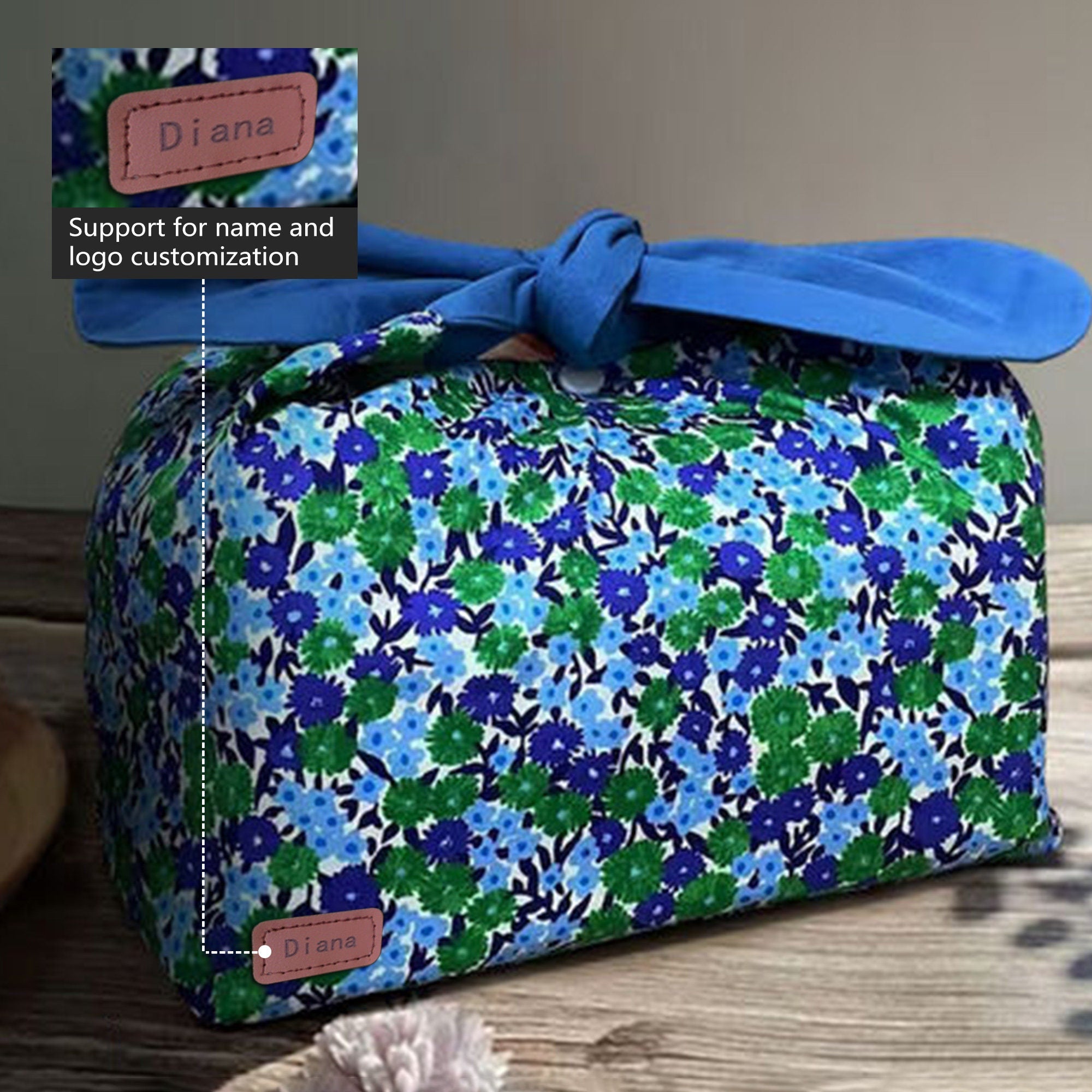 Custom Name Blue flowers insulated lunch bag bento bag, zero waste , Eco Friendly lunch box cloth School Gift for women