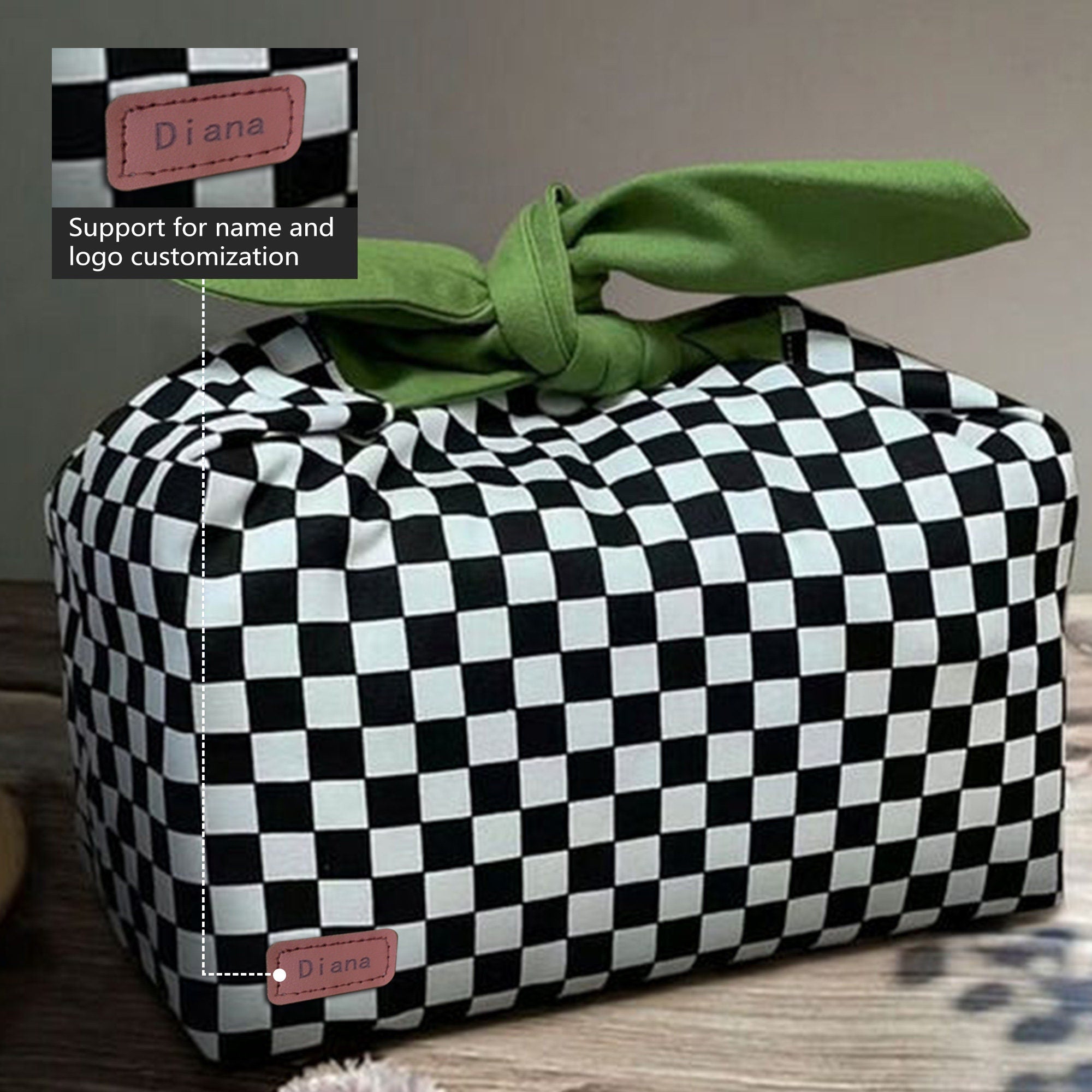 Custom Name black and white plaid insulated lunch bag bento bag, zero waste , Eco Friendly lunch box cloth School Gift for women