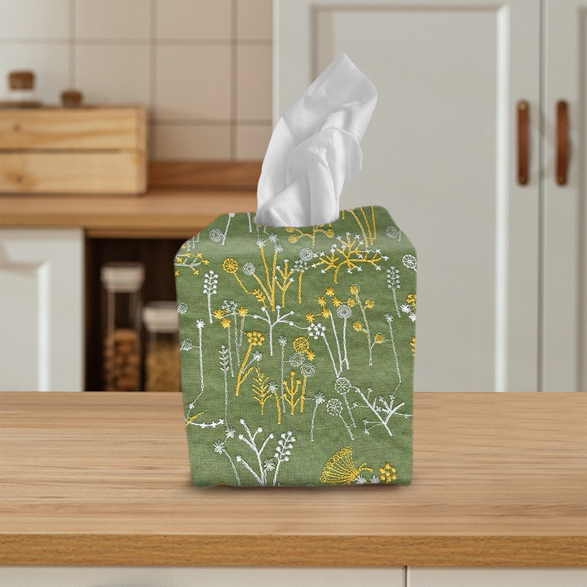 Tissue Box Cover, Tissue Dispenser, Home Gift,Housewarming gift,Mothers Day Gift,Kitchen Decor,Bathroom Decor,Green embroidered dandelion