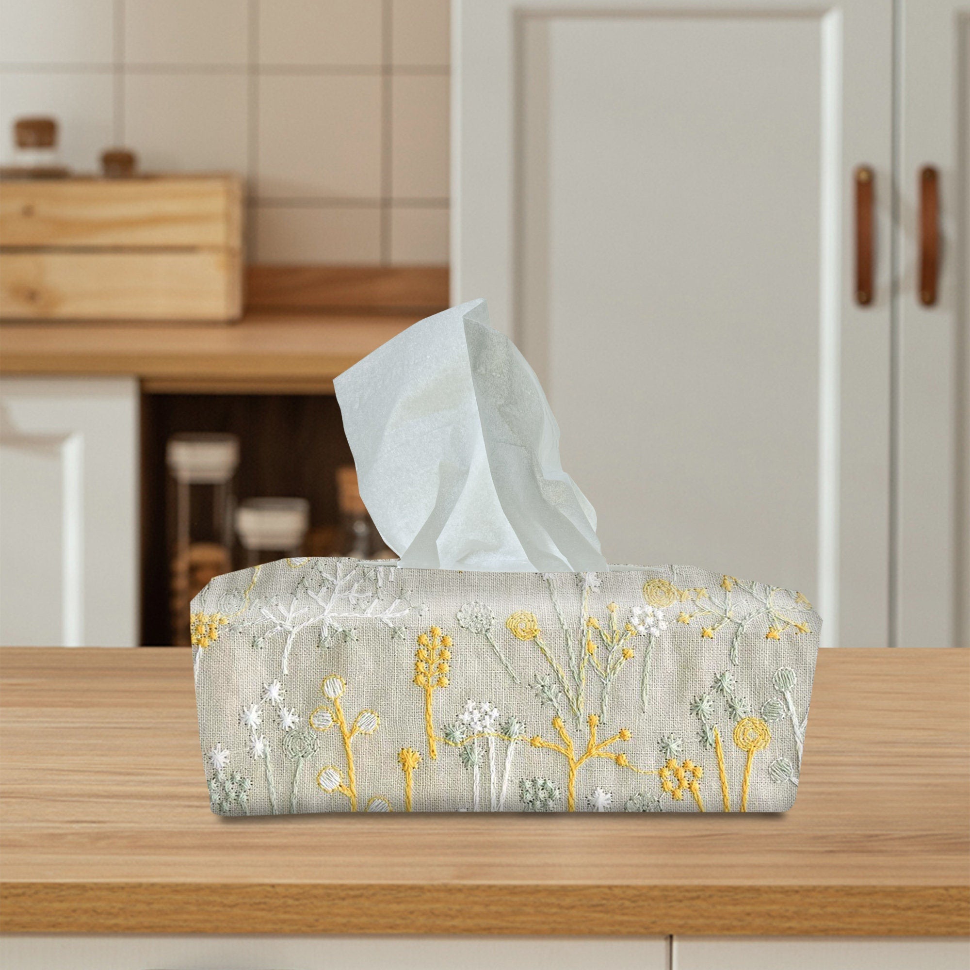 Rectangle Tissue Box Cover, Tissue Dispenser, Home Gift,Housewarming gift,Mothers Day Gift,Kitchen Decor,Beige Embroidered Dandelion