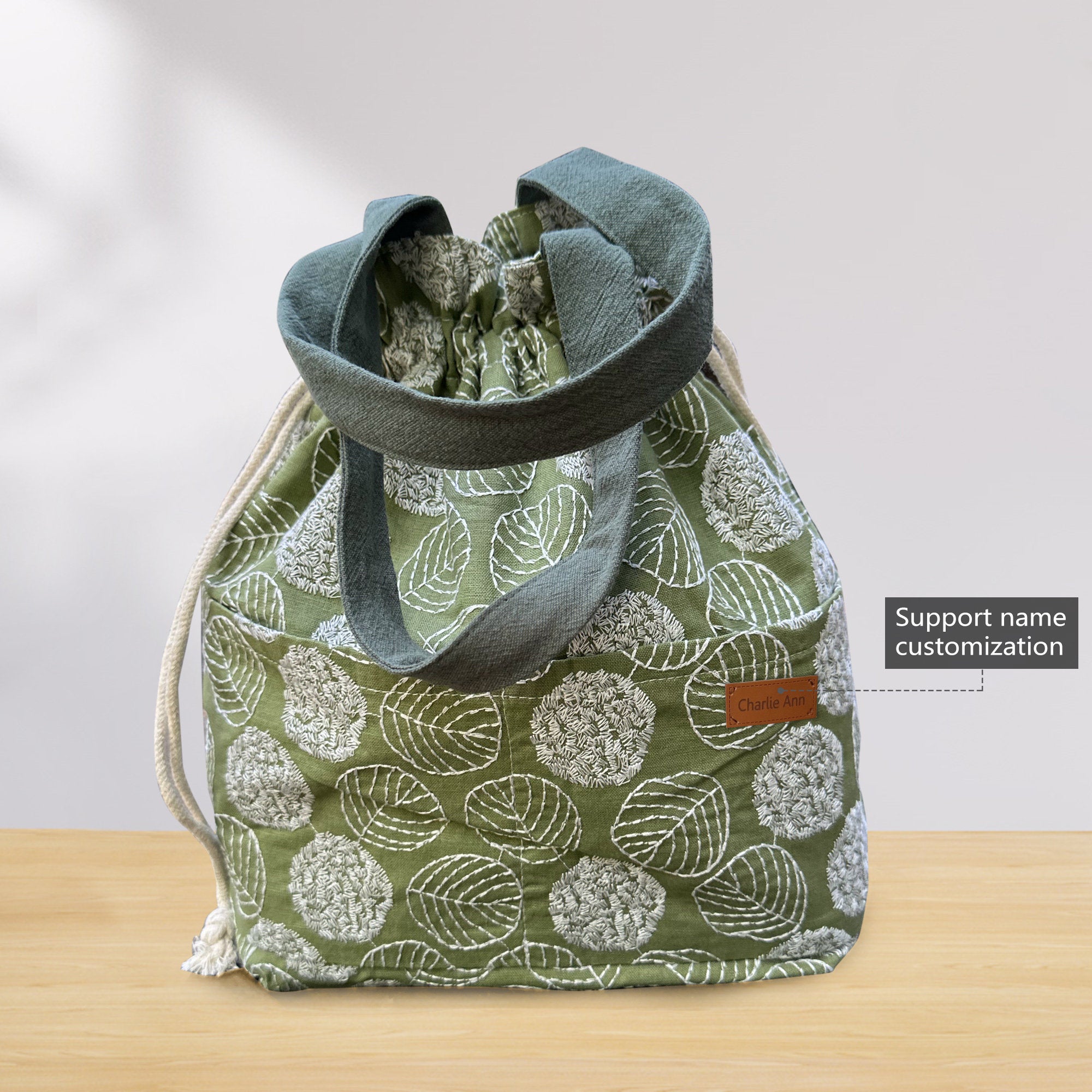 Custom Name Insulated Lunch Bag with drawstring closure, Travel Bag, Organizer Bag Embroidered leaves Handbag birthday gift for teacher