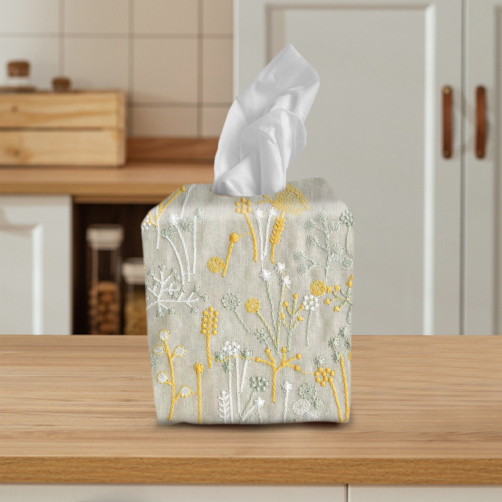 Tissue Box Cover, Tissue Dispenser, Home Gift,Housewarming gift,Mothers Day Gift,Kitchen Decor,Bathroom Decor,Beige embroidered dandelion