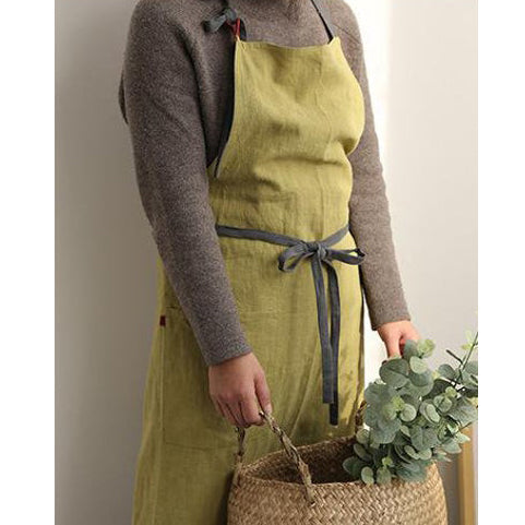 Natural Linen Japanese Apron Dress -  Matcha Green / Greyish Green