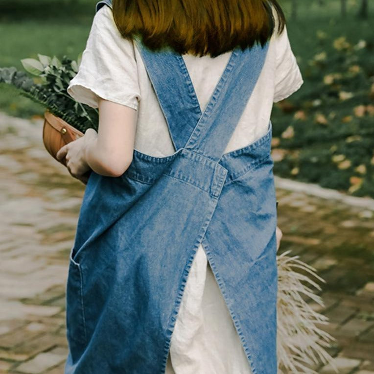Blue Denim Cross Back Apron Dress
