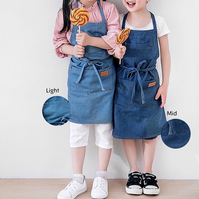 Kids Cotton Denim Apron - Light Blue/ Mid Blue/ Dark Blue