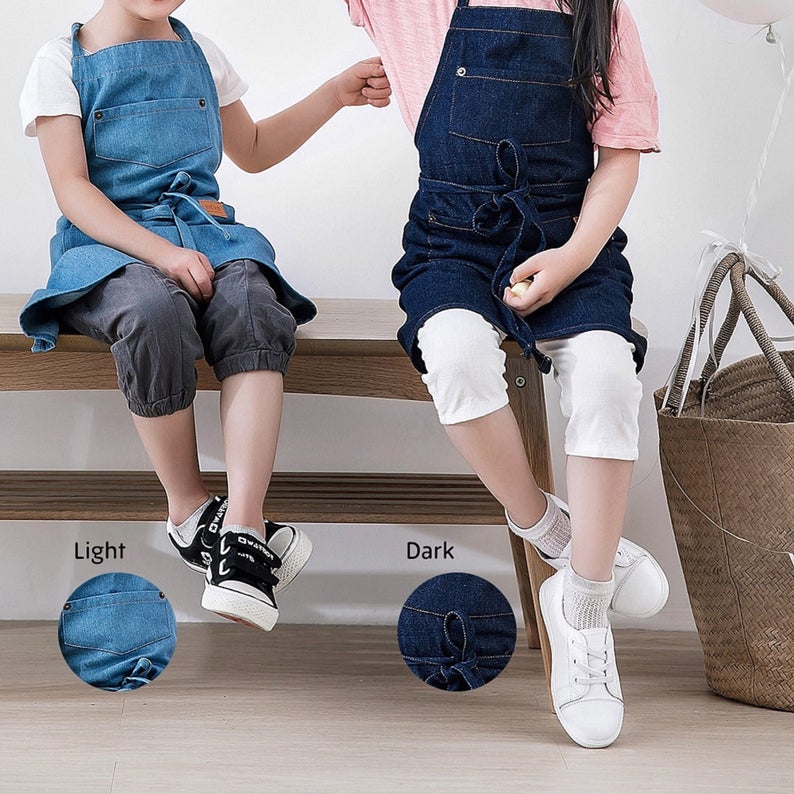 Kids Cotton Denim Apron - Light Blue/ Mid Blue/ Dark Blue