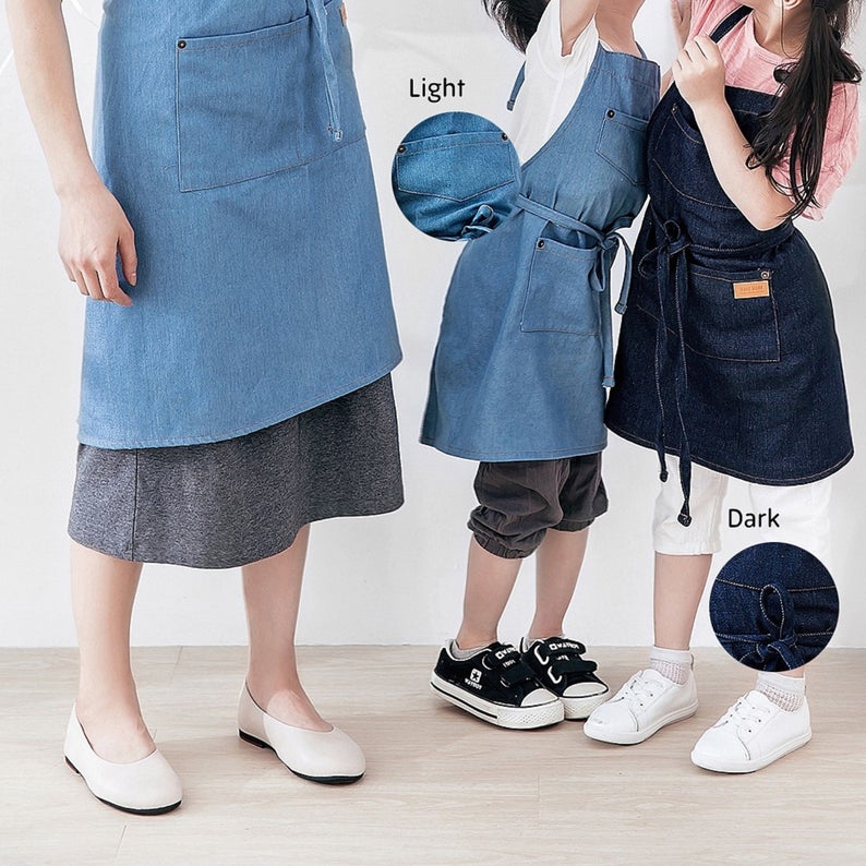 Kids Cotton Denim Apron - Light Blue/ Mid Blue/ Dark Blue