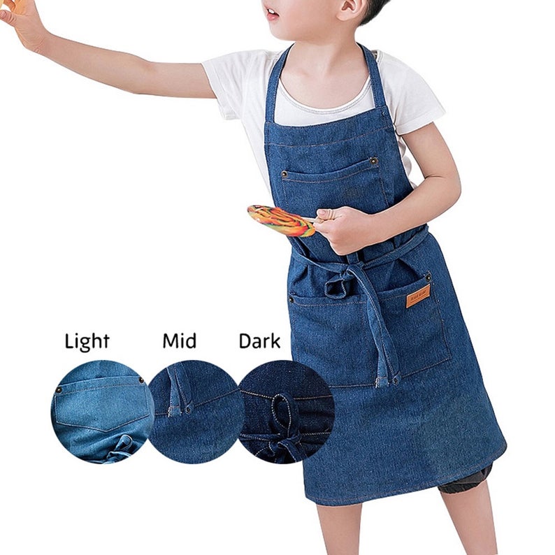 Kids Cotton Denim Apron - Light Blue/ Mid Blue/ Dark Blue
