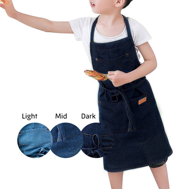 Kids Cotton Denim Apron - Light Blue/ Mid Blue/ Dark Blue