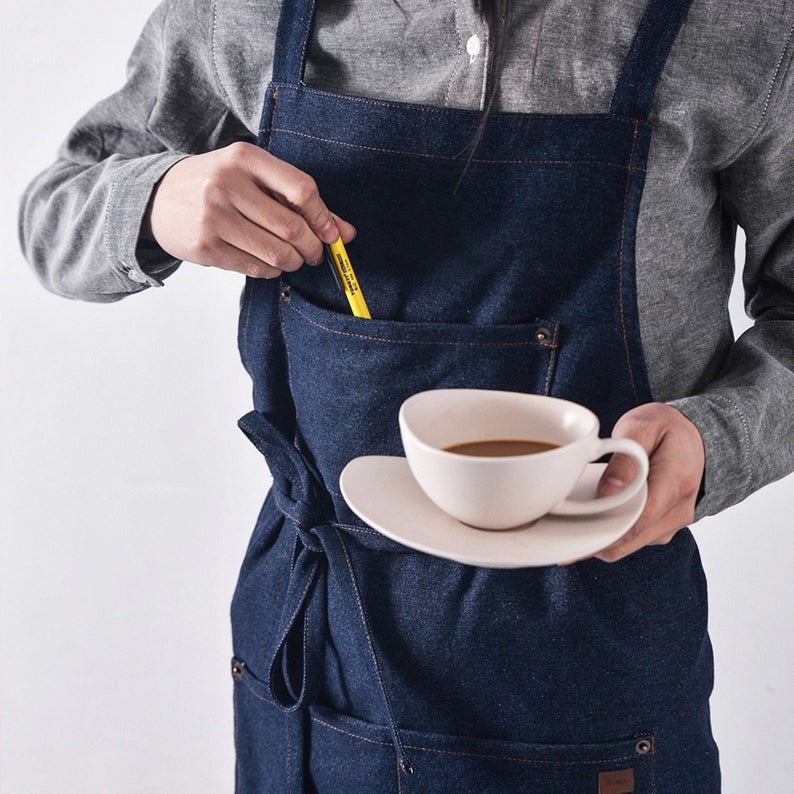 Dark Blue Cotton Denim Apron with Pockets