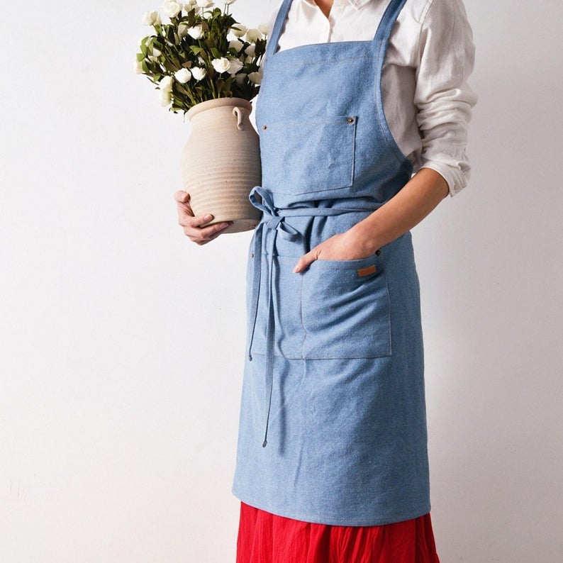 Light Blue Cotton Denim Blue Apron