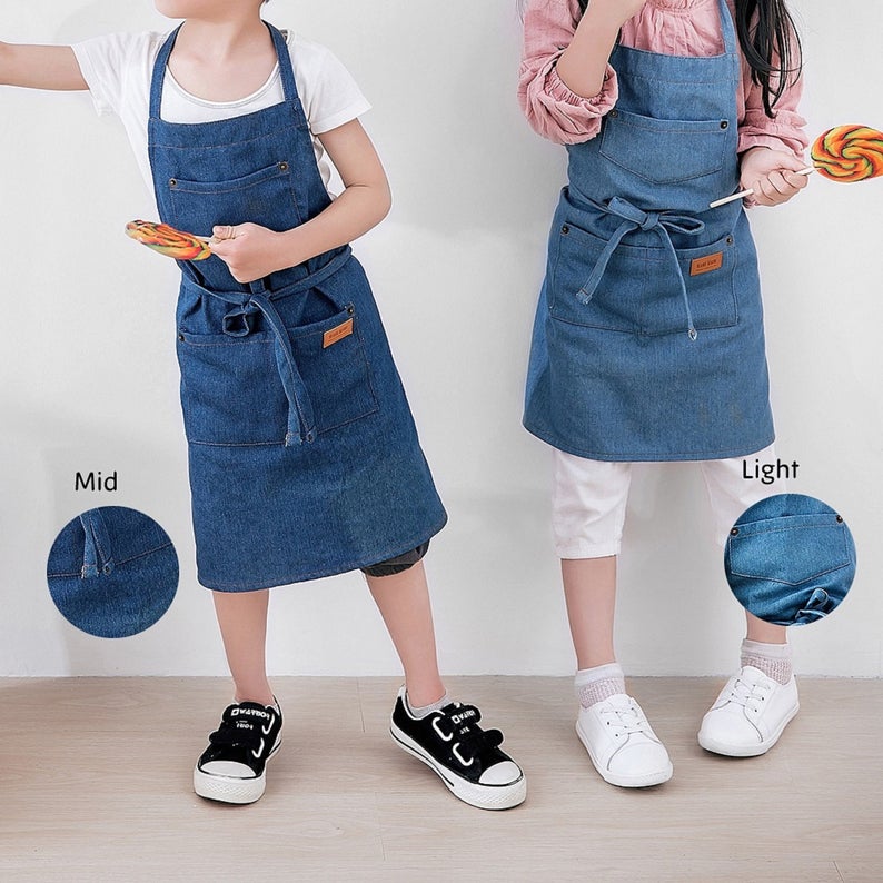 Kids Cotton Denim Apron - Light Blue/ Mid Blue/ Dark Blue