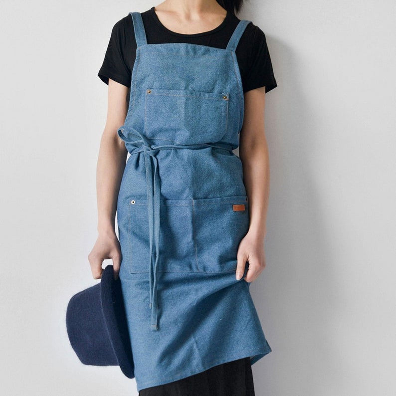 Mid Blue Cotton Denim Blue Apron