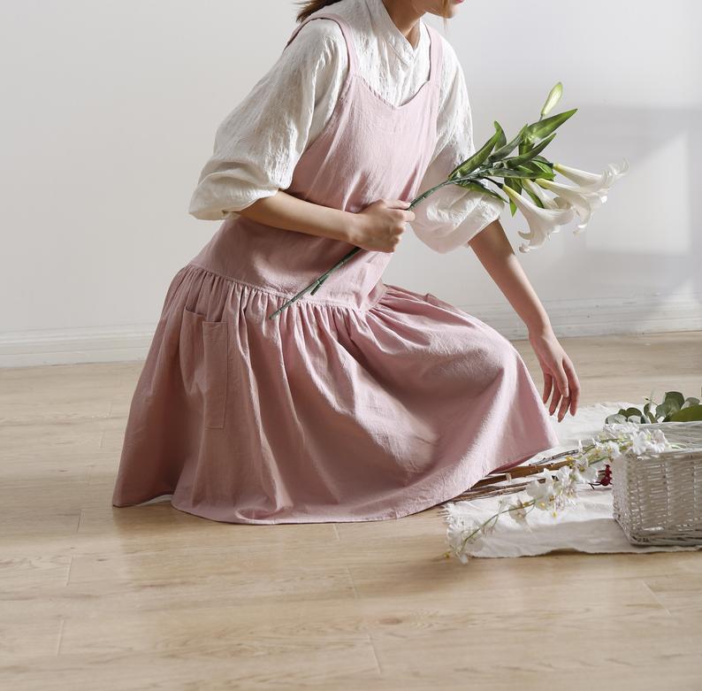 Pink Cotton Linen Adult Apron Dress