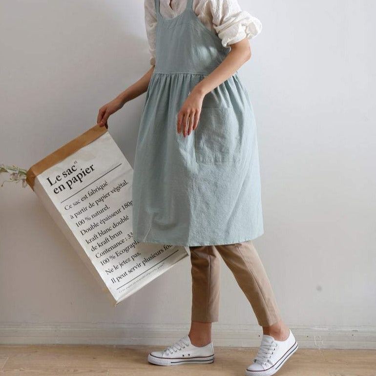 Light Green Linen Fabric Apron Dress