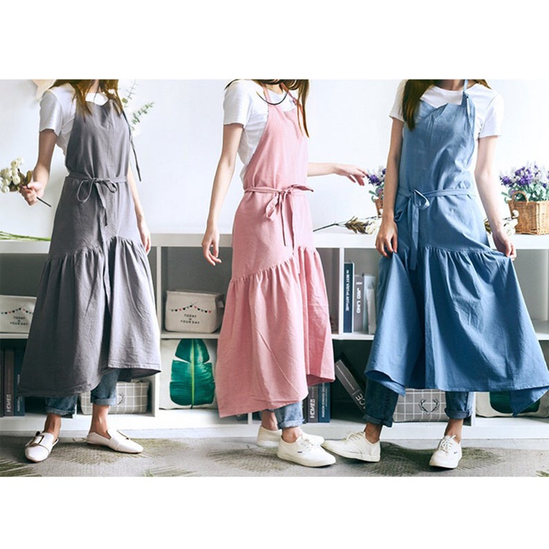 Blue Dress Apron with Front Roomy Pockets