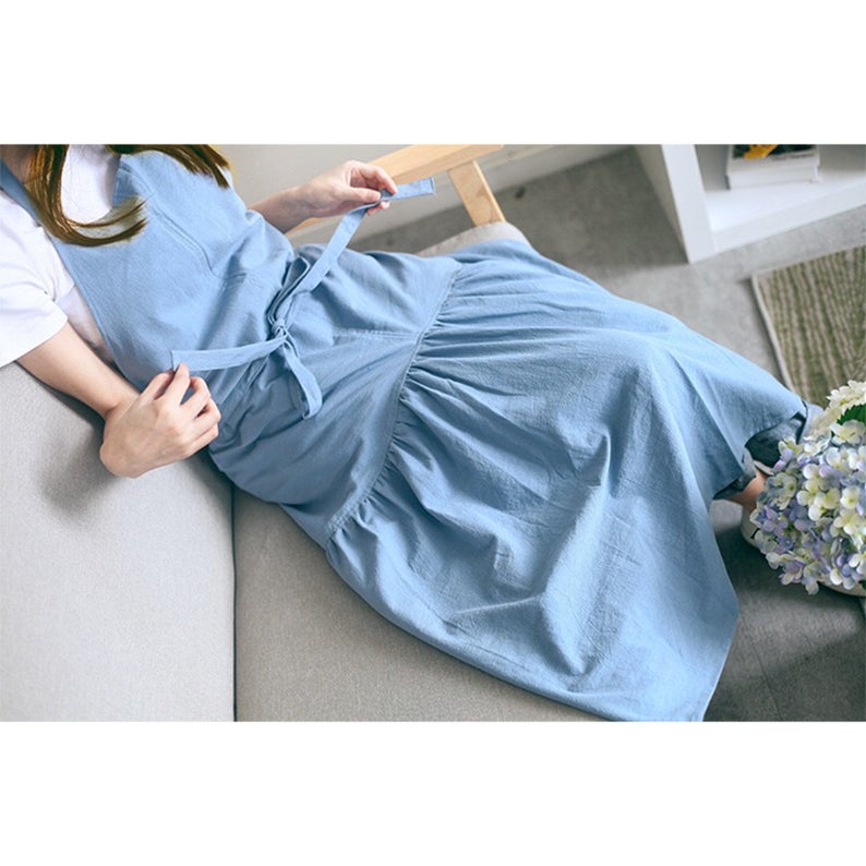 Blue Dress Apron with Front Roomy Pockets