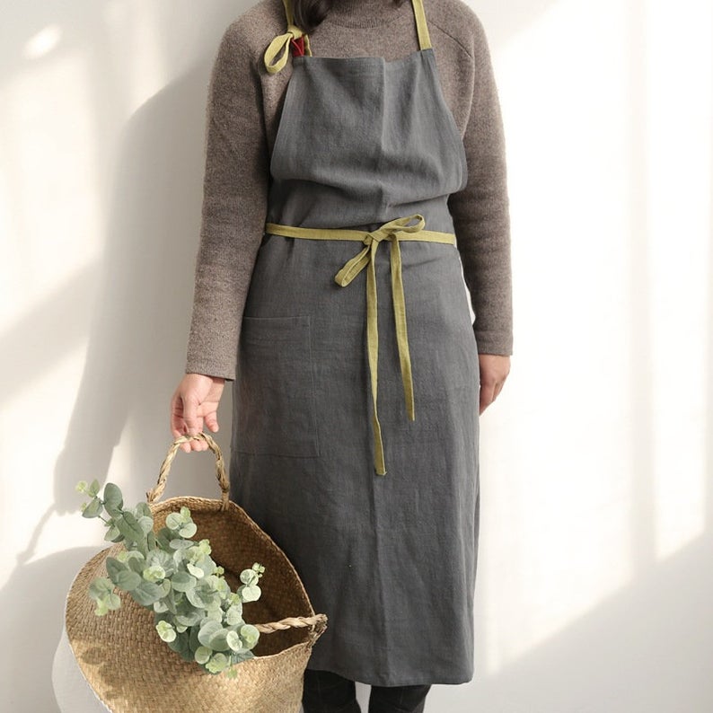Natural Linen Japanese Apron Dress -  Matcha Green / Greyish Green