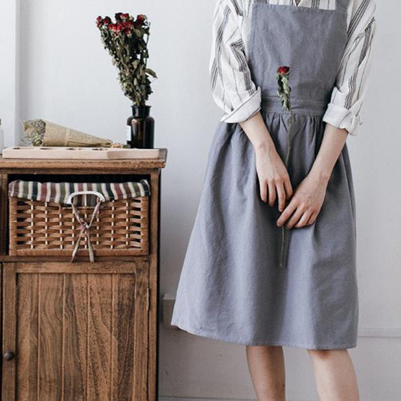 Linen and Cotton Apron Dress - Green / Gray / Apricot