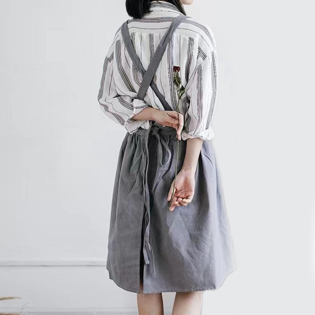 Linen and Cotton Apron Dress - Green / Gray / Apricot