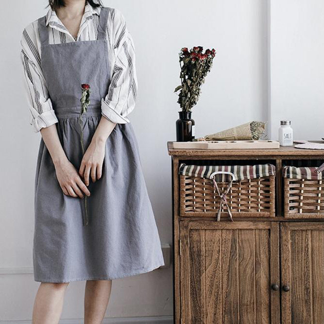 Linen and Cotton Apron Dress - Green / Gray / Apricot