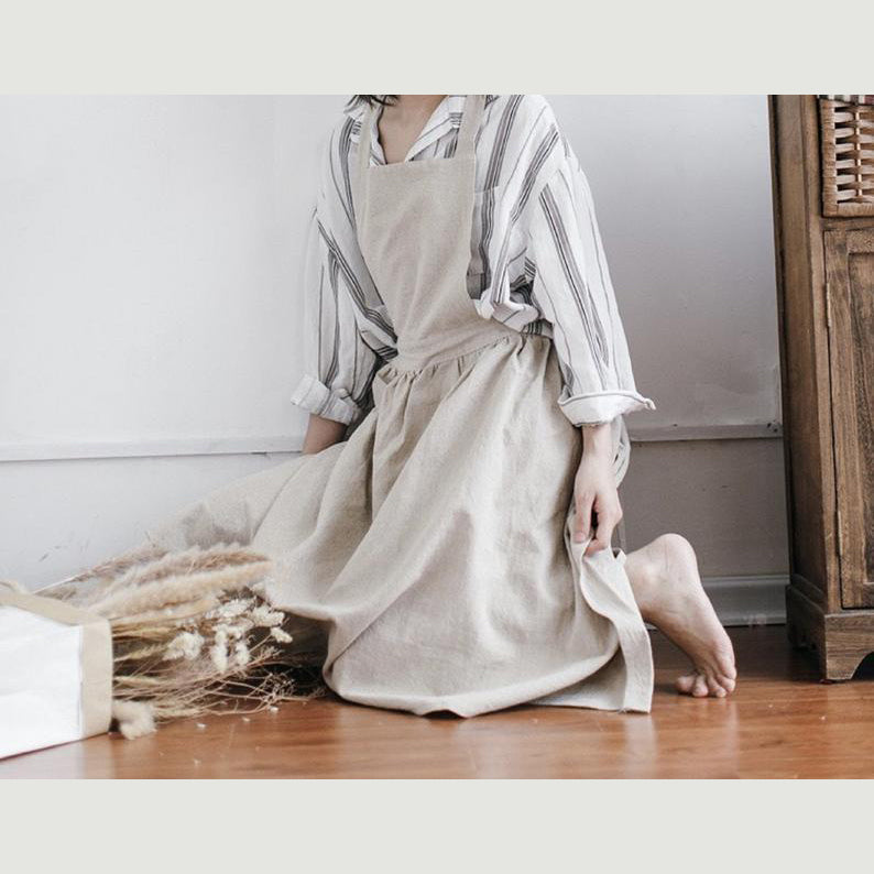 Linen and Cotton Apron Dress - Green / Gray / Apricot