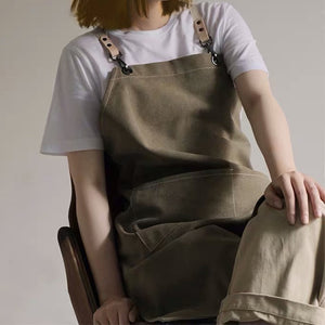 Removable Leather Neck Strap Cross Back Canvas and cotton Apron, Waterproof apron - Green Christmas gift