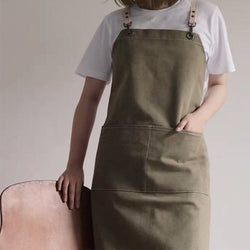 Removable Leather Neck Strap Cross Back Canvas and cotton Apron, Waterproof apron - Green Christmas gift