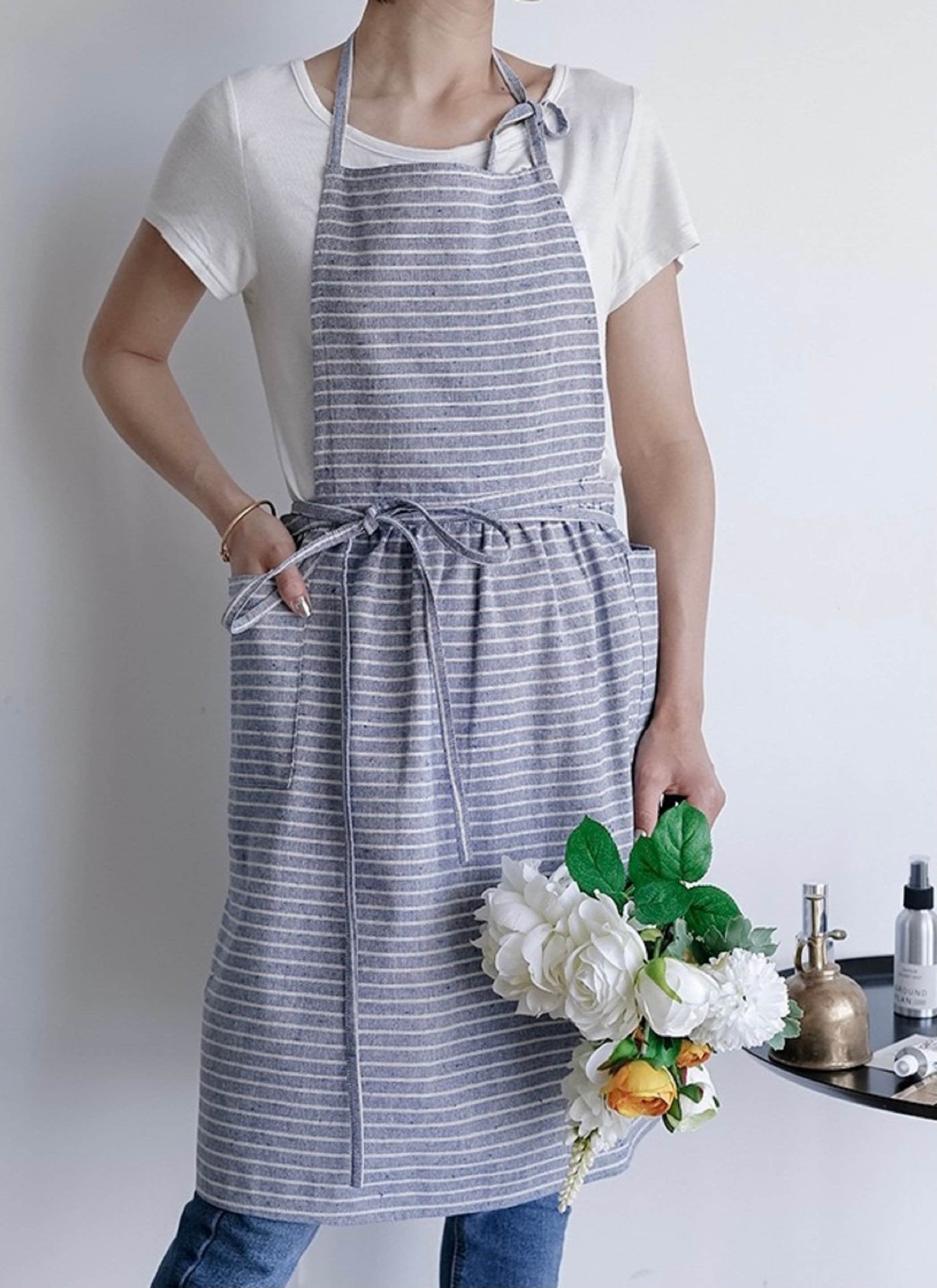 Coffee stripe Cotton linen apron with pocket ，apron dress, cooking apron, garden apron，apron for women，apron pattern Christmas gift
