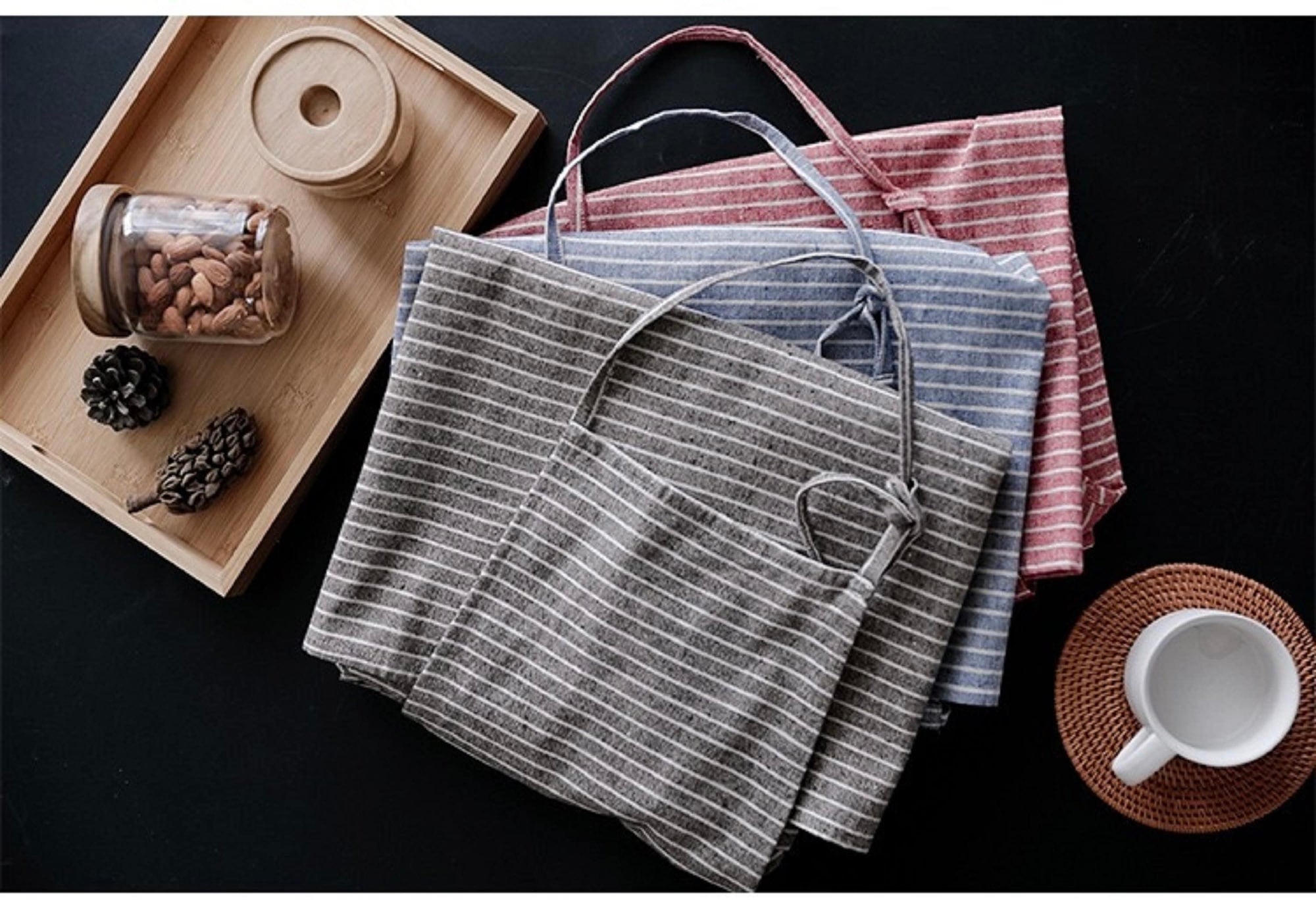 Coffee stripe Cotton linen apron with pocket ，apron dress, cooking apron, garden apron，apron for women，apron pattern Christmas gift