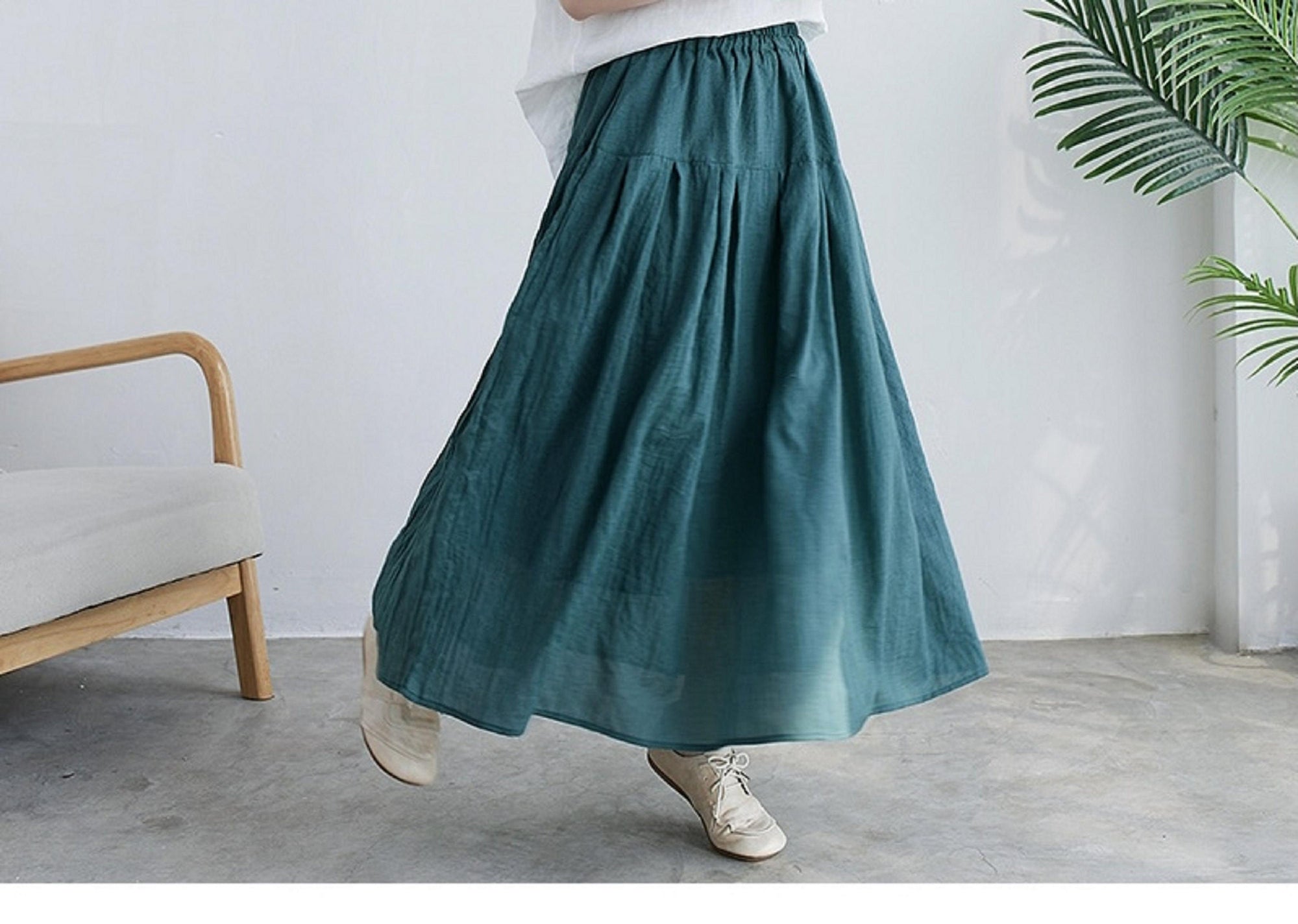 Blue lake  Cotton Linen Skirts,A-line skirt,pleated flared skirt,Customized Plus Size Skirt  Gift for Her，Gift for Mom  travel skirt