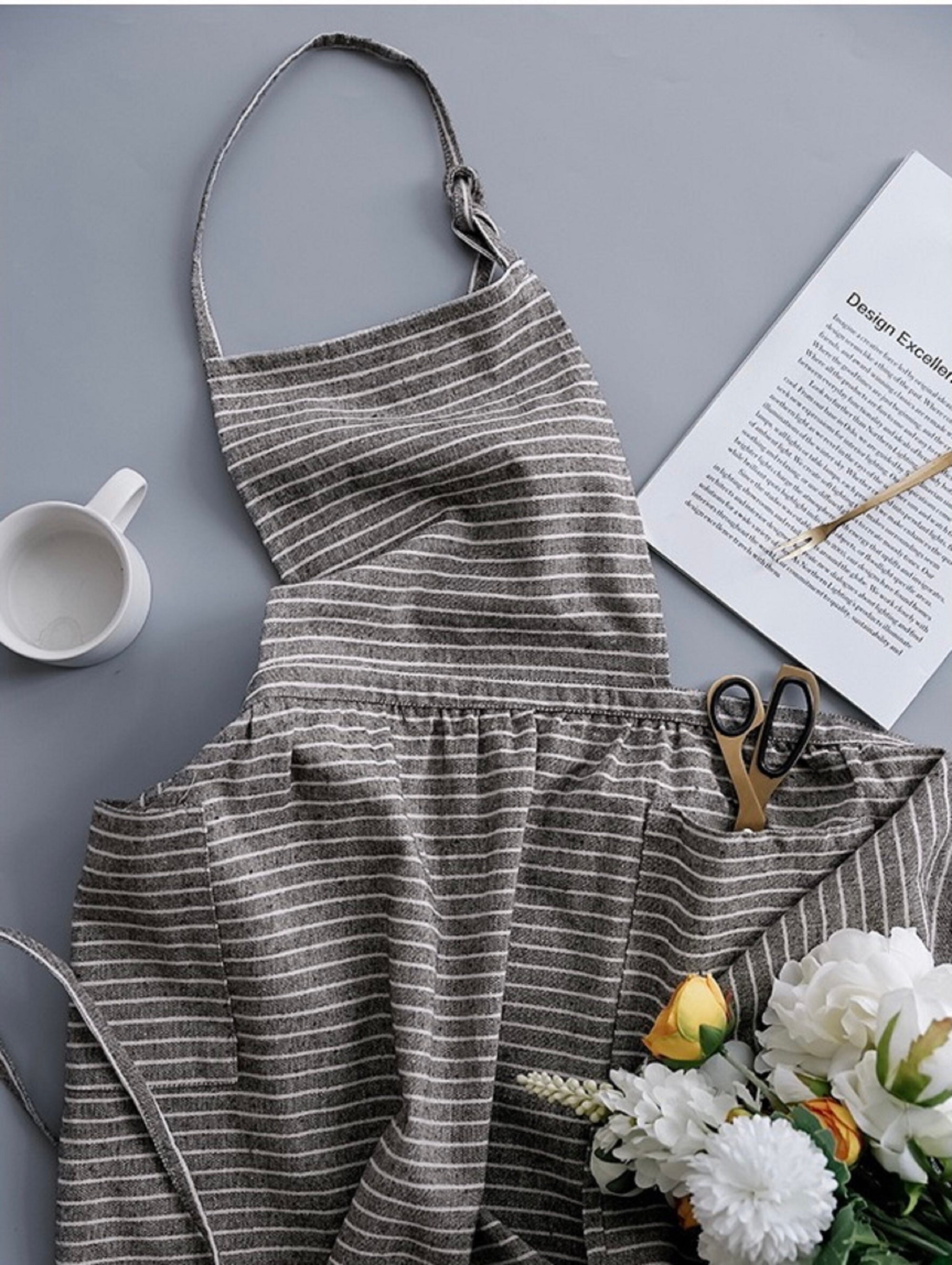 Coffee stripe Cotton linen apron with pocket ，apron dress, cooking apron, garden apron，apron for women，apron pattern Christmas gift