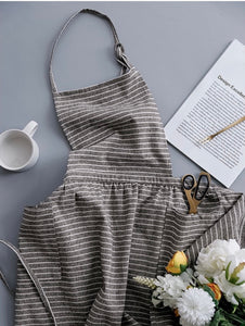 Coffee stripe Cotton linen apron with pocket ，apron dress, cooking apron, garden apron，apron for women，apron pattern Christmas gift