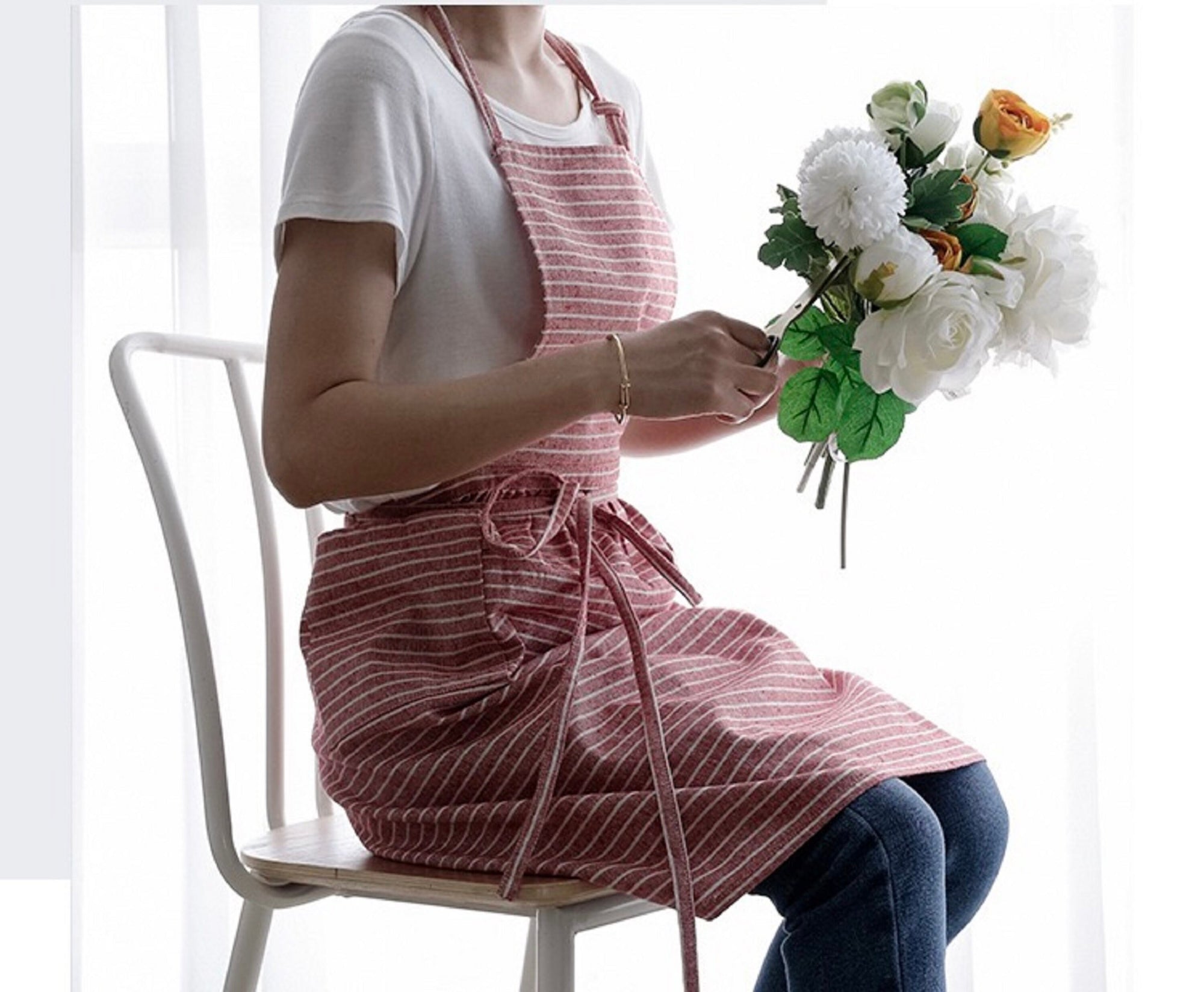 Coffee stripe Cotton linen apron with pocket ，apron dress, cooking apron, garden apron，apron for women，apron pattern Christmas gift