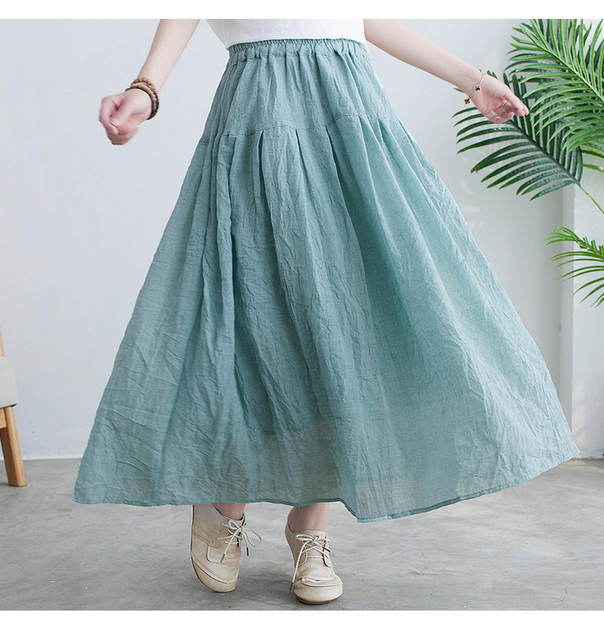 Blue lake  Cotton Linen Skirts,A-line skirt,pleated flared skirt,Customized Plus Size Skirt  Gift for Her，Gift for Mom  travel skirt