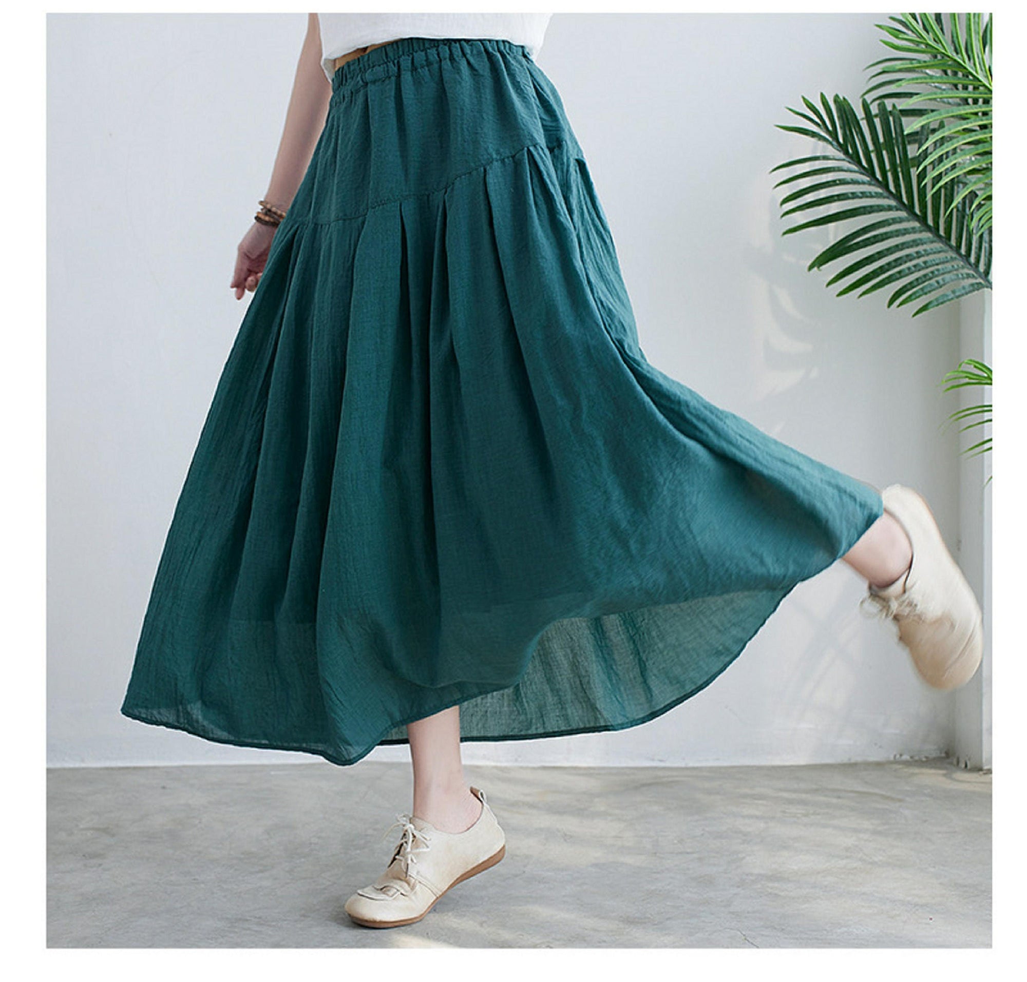 Blue lake  Cotton Linen Skirts,A-line skirt,pleated flared skirt,Customized Plus Size Skirt  Gift for Her，Gift for Mom  travel skirt