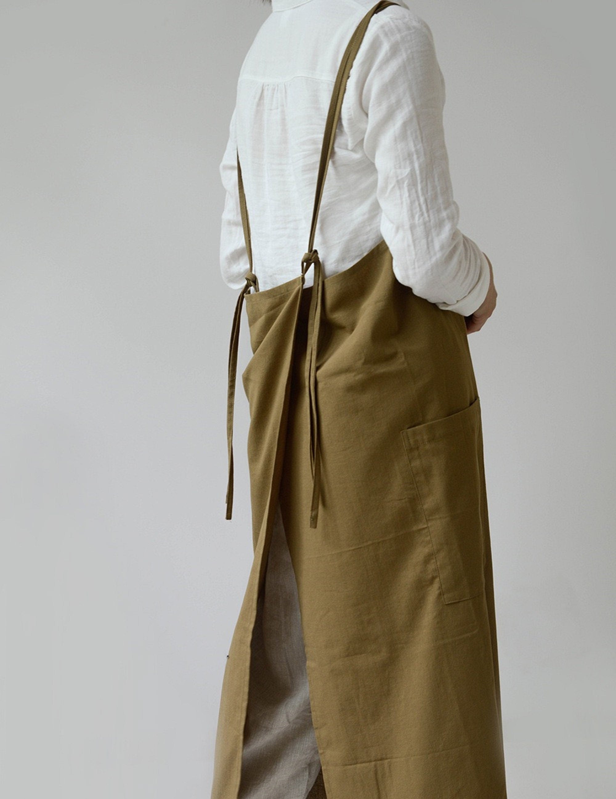 Gray waterproof oversized washed cotton with pockets, adjustable apron dress, loose pinafore dress Cross behind Kitchen garden apron