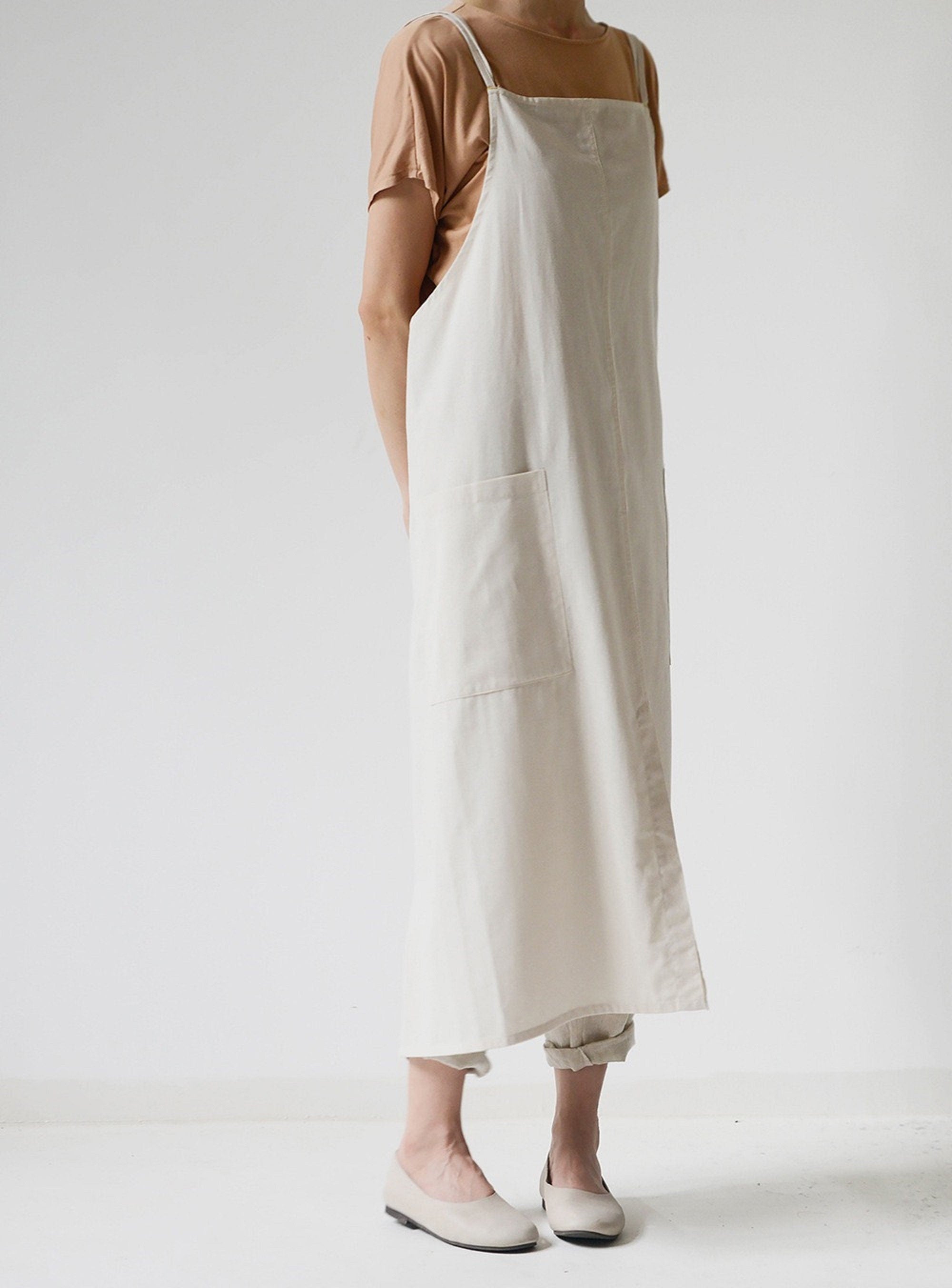 Gray waterproof oversized washed cotton with pockets, adjustable apron dress, loose pinafore dress Cross behind Kitchen garden apron