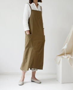 Gray waterproof oversized washed cotton with pockets, adjustable apron dress, loose pinafore dress Cross behind Kitchen garden apron