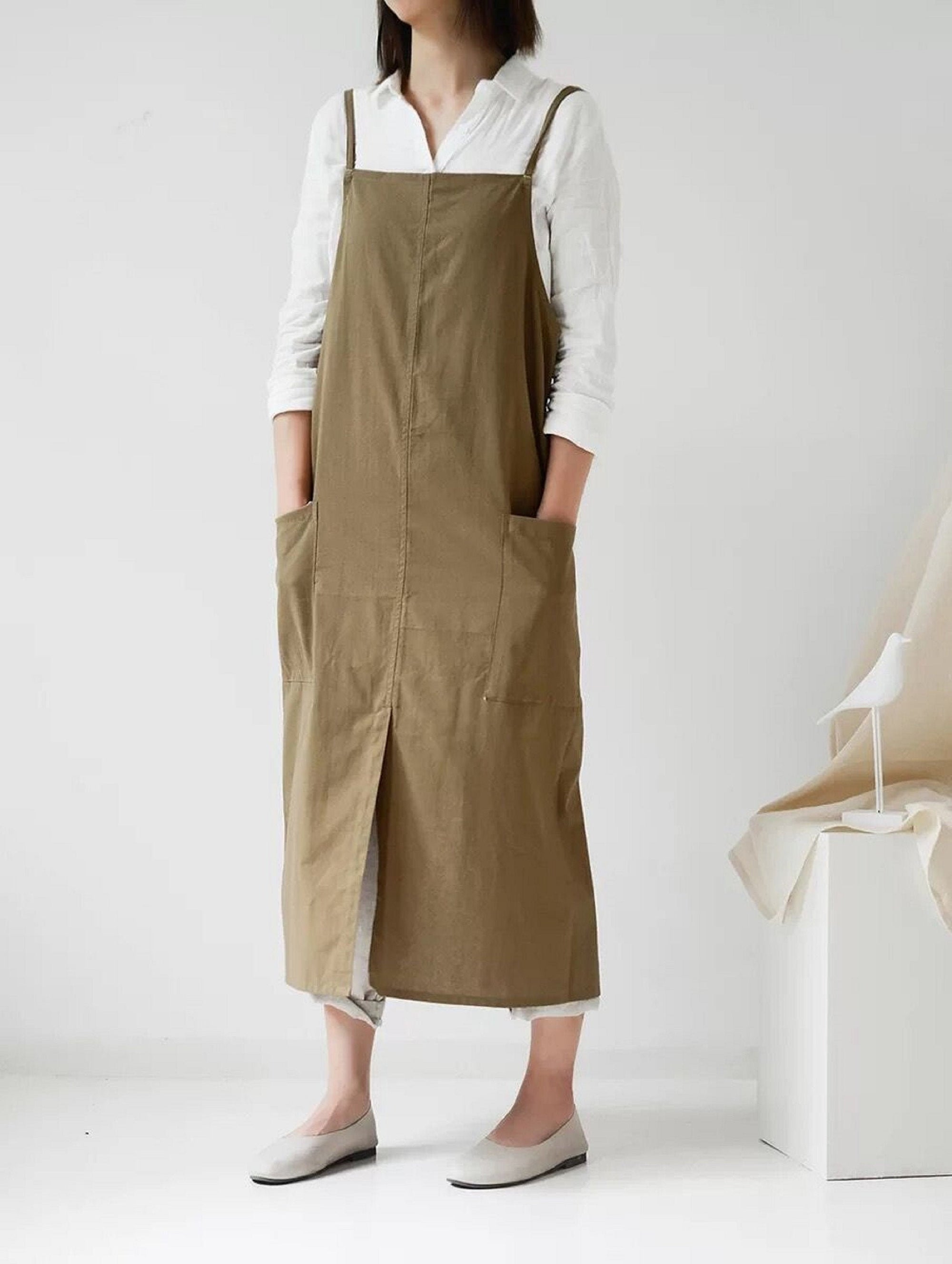 Gray waterproof oversized washed cotton with pockets, adjustable apron dress, loose pinafore dress Cross behind Kitchen garden apron