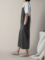 Gray waterproof oversized washed cotton with pockets, adjustable apron dress, loose pinafore dress Cross behind Kitchen garden apron