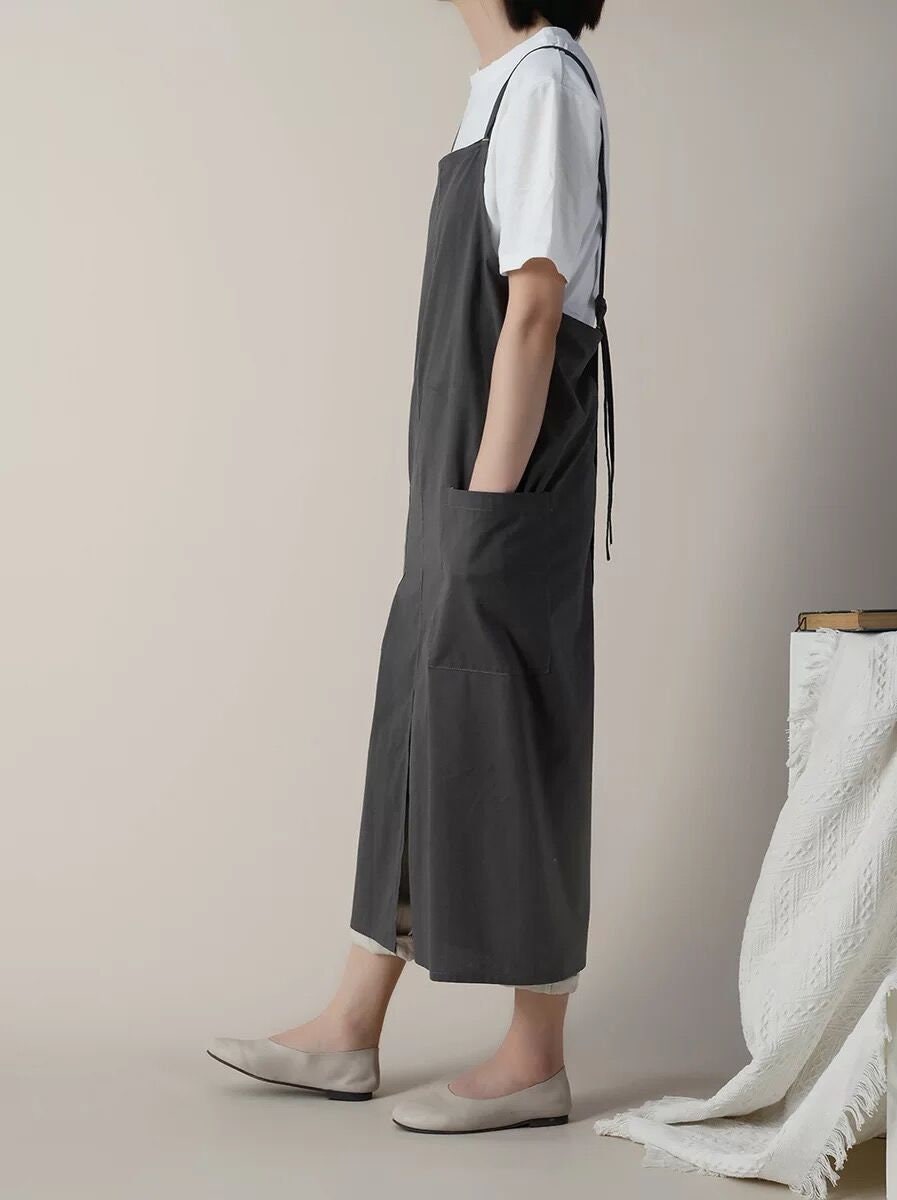 Gray waterproof oversized washed cotton with pockets, adjustable apron dress, loose pinafore dress Cross behind Kitchen garden apron
