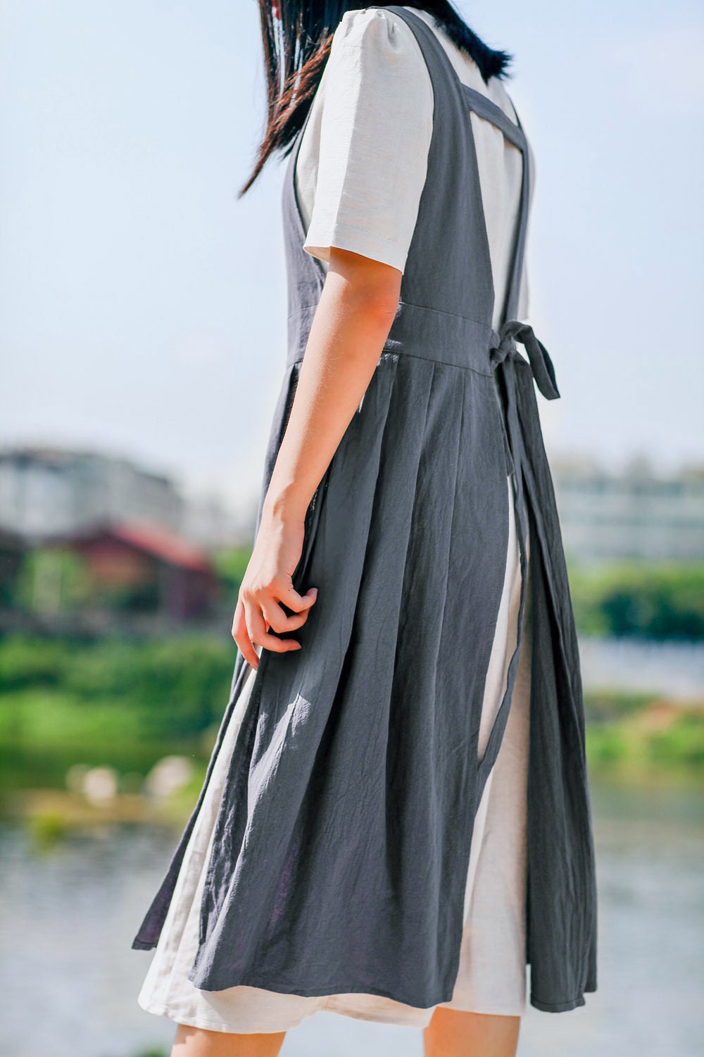 Navy blue cotton full body apron for women adjustable apron dress one size fits all, apron dress