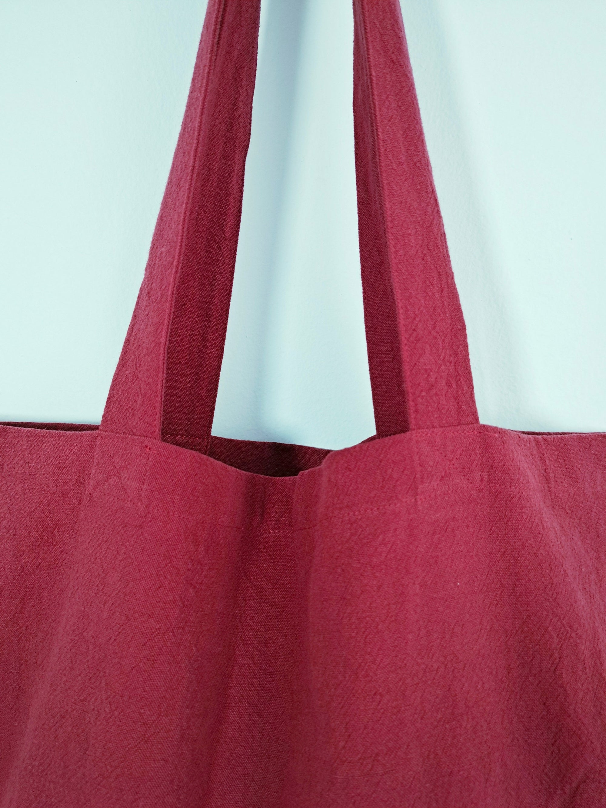 Red  tote bag, cotton linen tote bag, market bag, linen bag, shopping shoulder bag， travel bag，beach bag，Literary and elegant